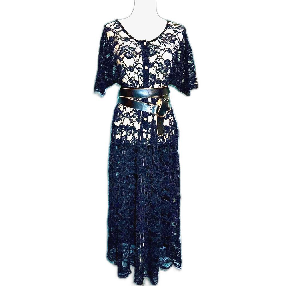 Vintage 90s Black Lace Midi Dress Cover Up Sz L